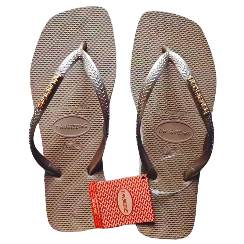 2025 Summer New Women's Square Toe Rubber Flip Flops Outdoor Beach Sandals Luxury Casual Slippers Size 35-42 Women's Shoes Alluvial Gold-M