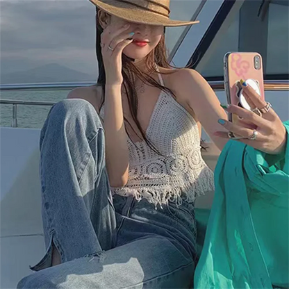 Sexy Boho Beach Holiday Camisole Halter Women Crochet Knit Swimsuit Bra Backless Vest Hollow Tassel Tank Top Women's Crop Tops