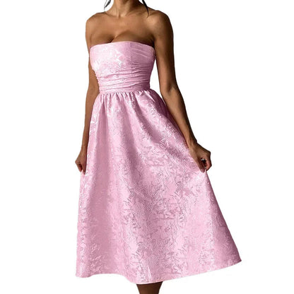 Strapless Backless Bodycon Sexy Dress Women  Elegant Evening Party Dress Jacquard Satin Long Summer Dress Vestidos Badiee Stylez