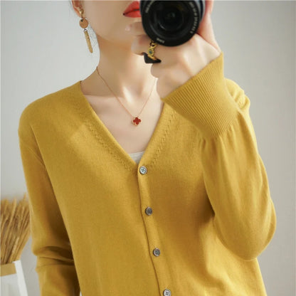 100% Cotton Line Long Sleeve V-Neck Knitted Cardigan Women Loose Short Solid Color Simple Sun Protection SMY K61