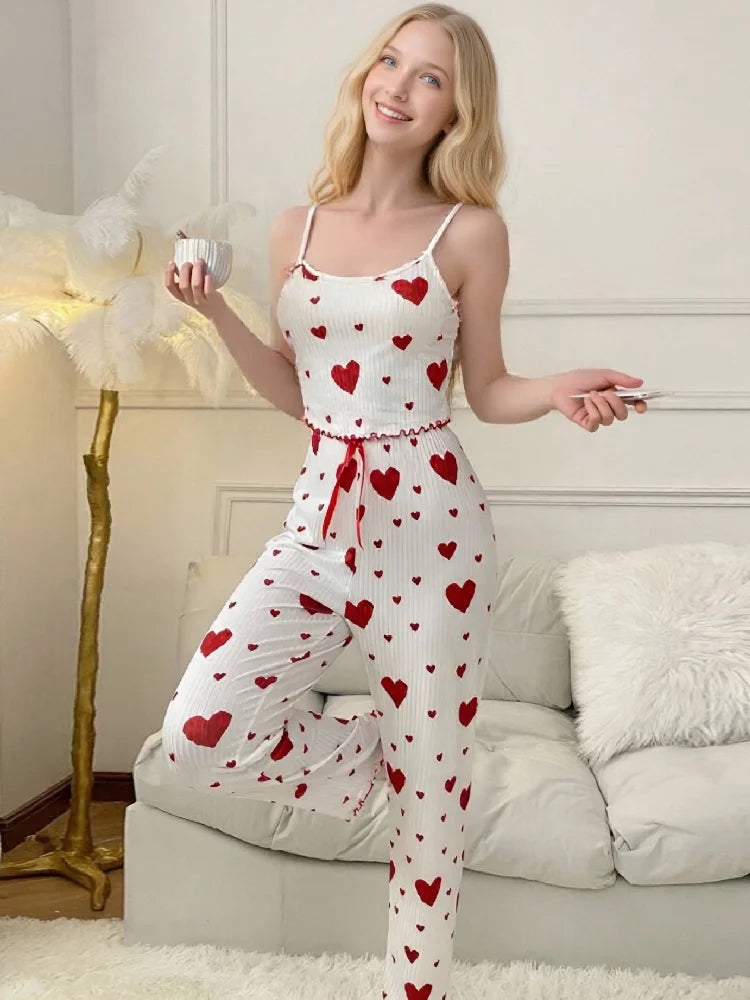 Casual Women's Pajamas Set White Red Love Printing Soft Short Vest And Bow Trim Long Pants Summer Sexy Lingerie Homewear Suit