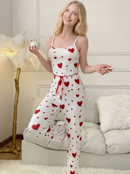 Casual Women's Pajamas Set White Red Love Printing Soft Short Vest And Bow Trim Long Pants Summer Sexy Lingerie Homewear Suit