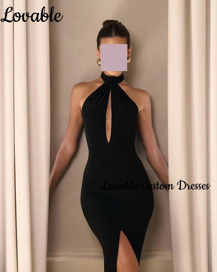Women'S Evening Dresses Customize Sheath Split Halter Floor-Length Formal Occasion Dresses Black Zipper Up Sleeveless Vestidos Badiee Stylez
