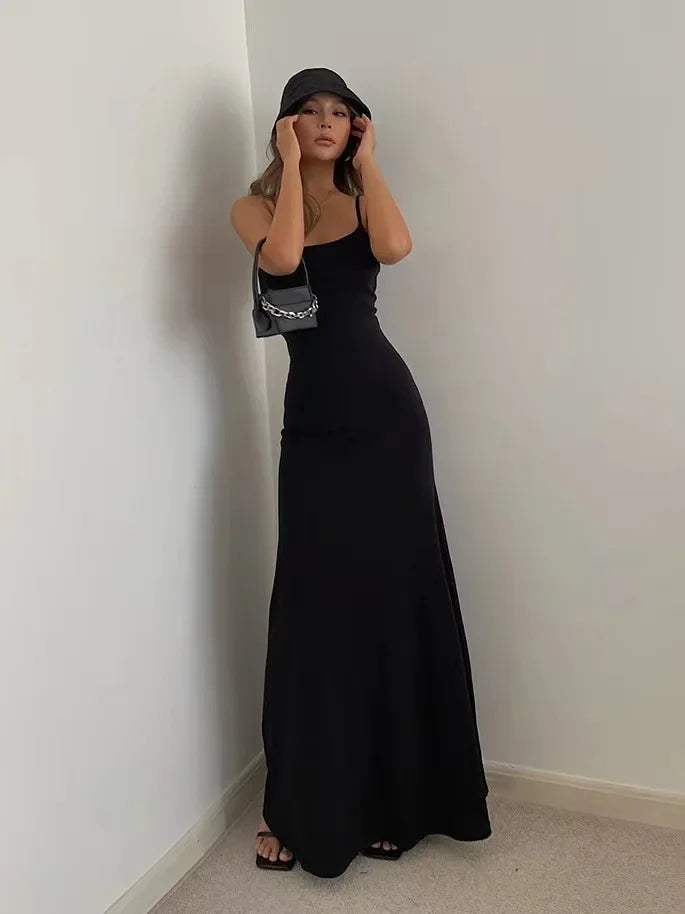2024 Summer Women's New Fashion Simple Temperament Suspender Long Backless Slim Waisted Sexy Sweet And Spicy Casual Dresses Badiee Stylez