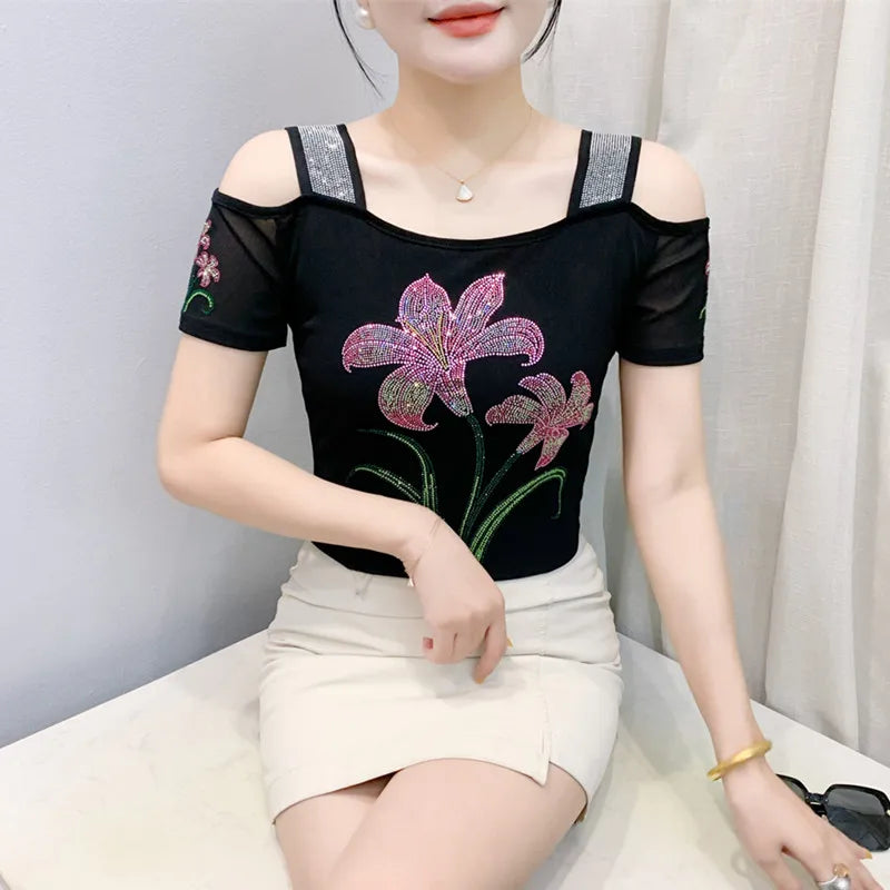 New Arrival Summer European Clothes Women's T-Shirts Chic Luxury Butterfly Hot Diamonds Tees Sexy Girl Slim Streetwear Tops Picture color 6