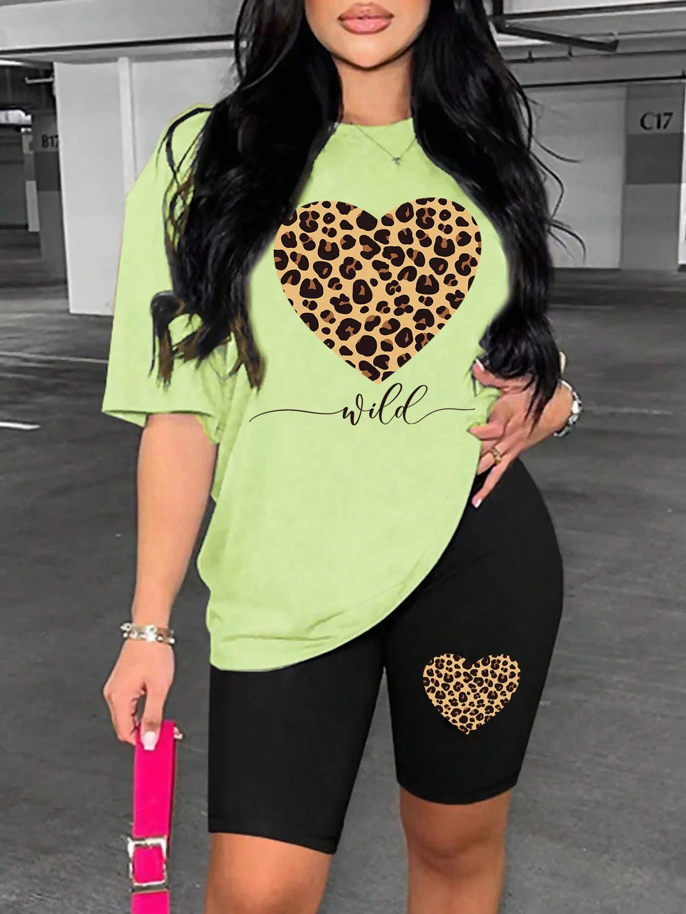 Leopard Heart Pattern Printing Shorts Sets Fashion Cartoon Women'S Two Piece Set Breathable Comfortable Short Sleeved Shorts Set Badiee Stylez