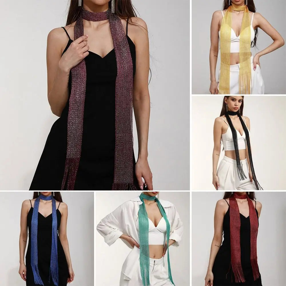Fashion Lace Tassel Scarf Thin Long Glitter Bright Silk Sunscreen Shawl Shiny Lace Necklace For Women Party Evening Dress Scarf