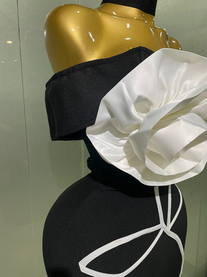 Women 2025 New Sexy Off Shoulder White Flower Black Mini Bodycon Bandage Dress Luxury Celebrity Evening Club Elegant Party Gowns