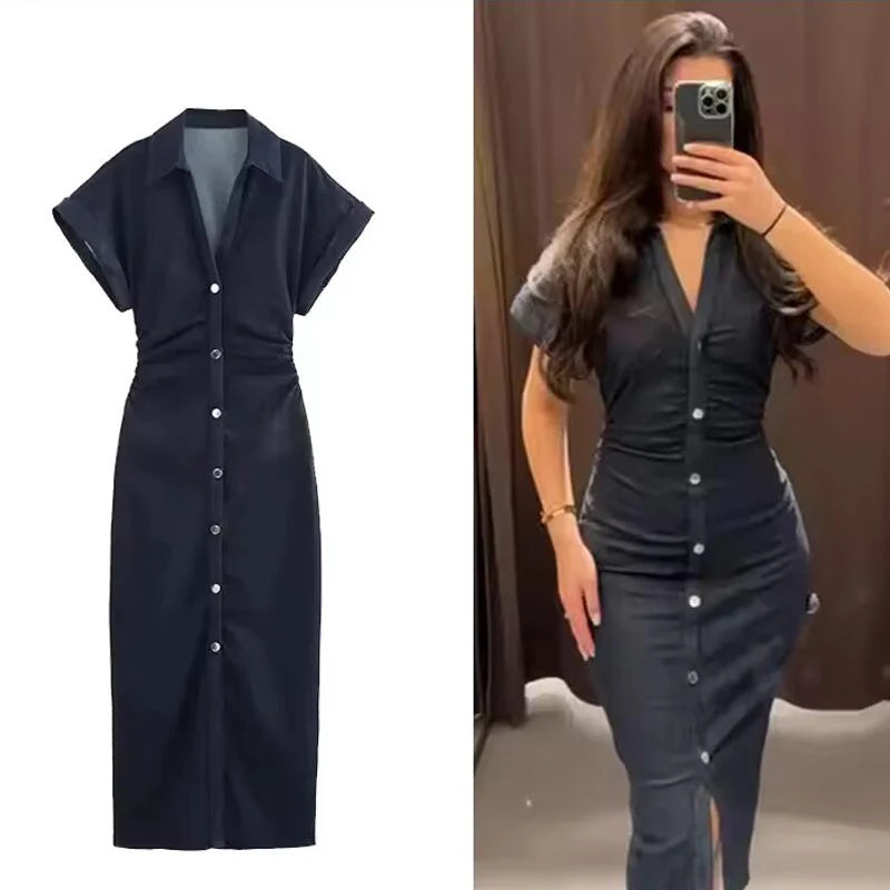 Denim Dress Women's Spring Summer Casual Long Dresses For Women 2025 New Fashion Ruched Short Sleeve Streetwear Midi Dress Badiee Stylez