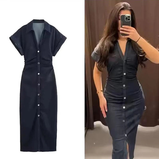 Denim Dress Women's Spring Summer Casual Long Dresses For Women 2025 New Fashion Ruched Short Sleeve Streetwear Midi Dress Badiee Stylez