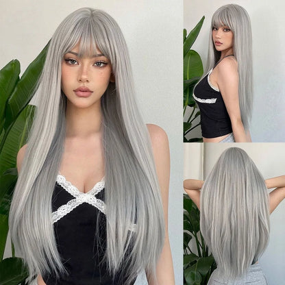 Pink Long Straight Synthetic Wig Air Fringe White Woman Daily Cosplay Party Heat Resistant Full Headgear For Halloween 003-Granny grey 28inches