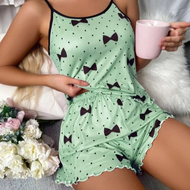 Womens Sexy Heart Print Pajama Set Cami Top Lettuce Trim Shorts Two Piece Sleepwear Loungewear Spaghetti Strap Contrast Trim green