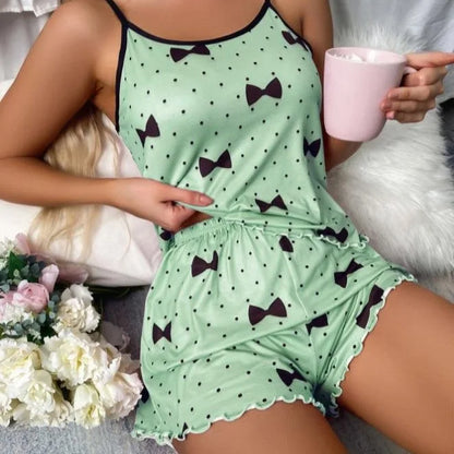 Womens Sexy Heart Print Pajama Set Cami Top Lettuce Trim Shorts Two Piece Sleepwear Loungewear Spaghetti Strap Contrast Trim green