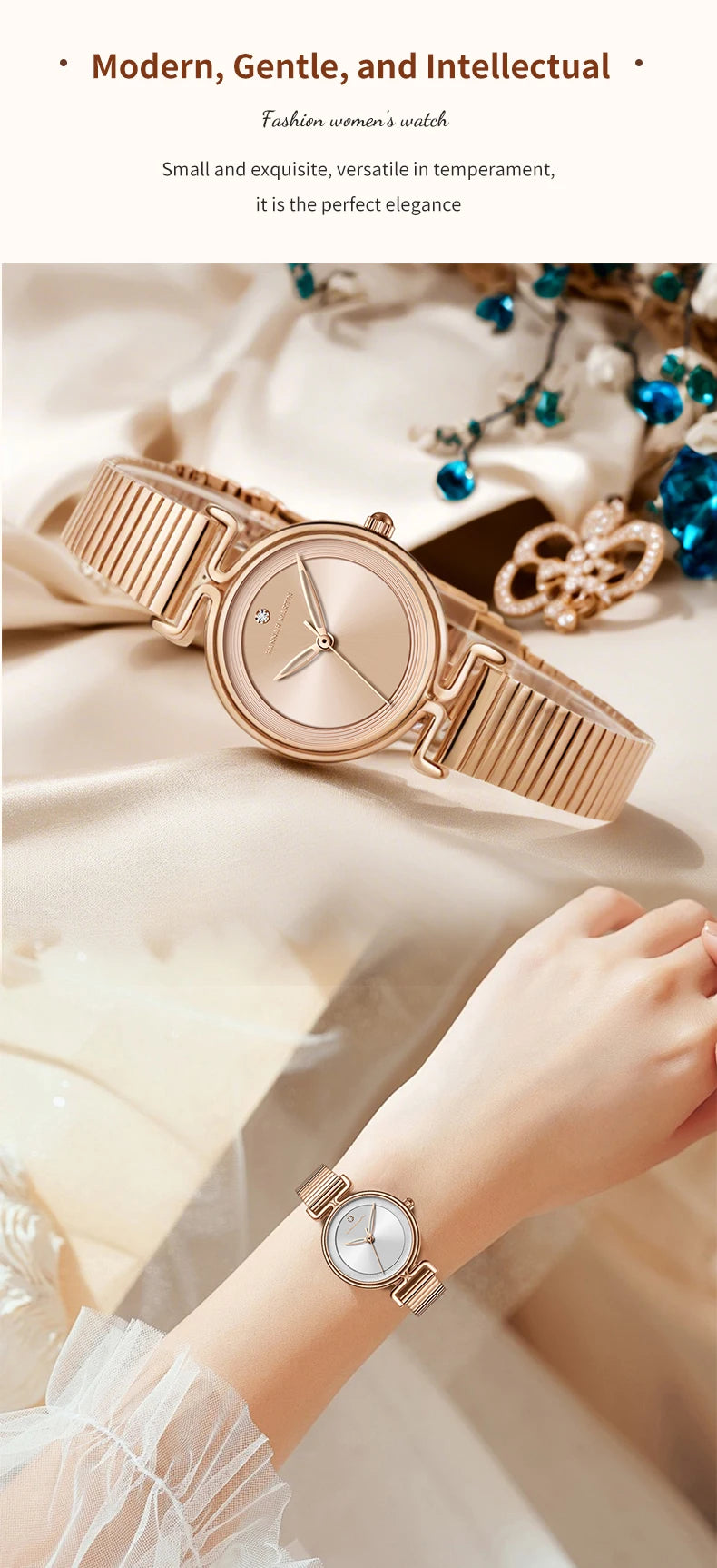 Women Quartz Watch Fashionable Simple Style Japanese Movement Rhinestone Rose Gold Stainless Steel Mesh Luxury Watch for Ladies