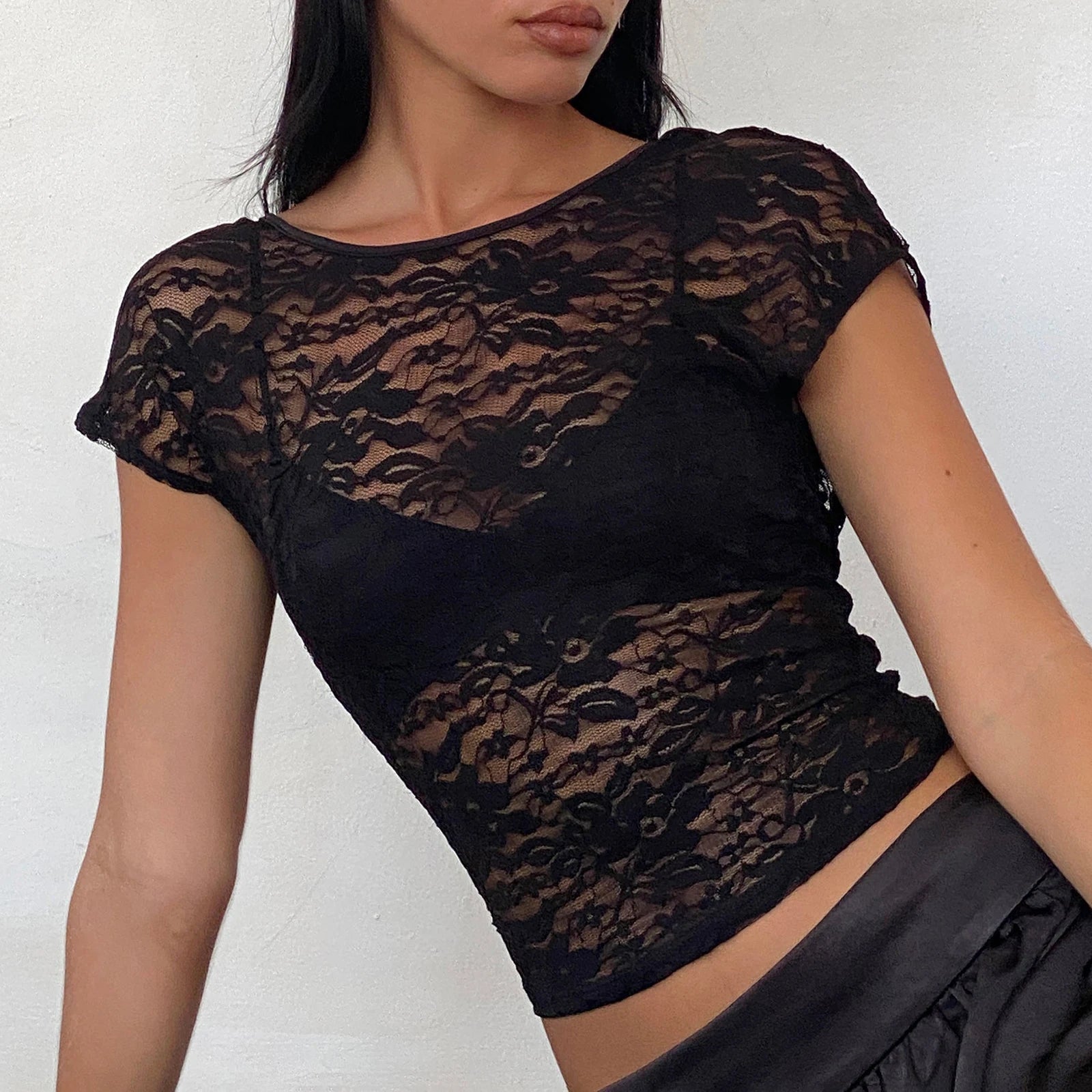 Combhasaki Women's Y2K Vintage Sheer Floral Lace See-through Tops Fashion Short Sleeve Open Back Slim Fit Summer T-Shirts