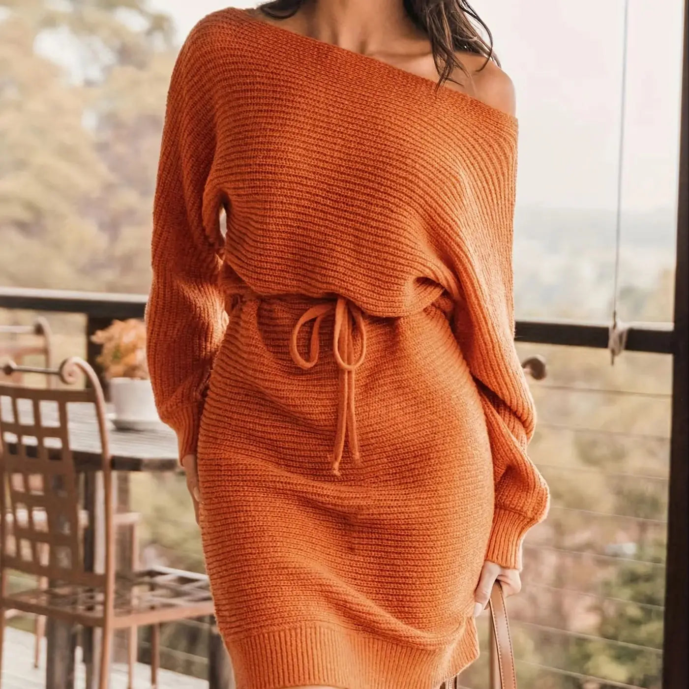 Women's Plain Tie Front Batwing Sleeve Sweater Dress, Elegant Asymmetrical Neck Long Sleeve Knit Dress for Fall and Winter Badiee Stylez
