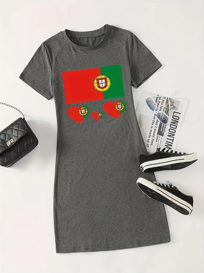 Plus Size Women's New Flag Printed Round Neck Dress Short Sleeve Casual Dress For Summer Women's Breathable Clothing CDXQ-17