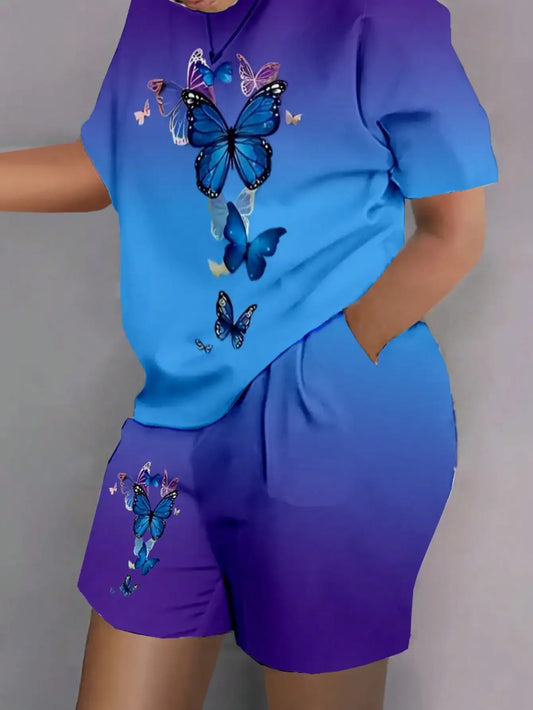 Plus Size 1XL-5XL Women Casual Colorful Abstract Print Pajama Set Short Sleeve Round Neck T-Shirt & Shorts Summer Loungewear Blue