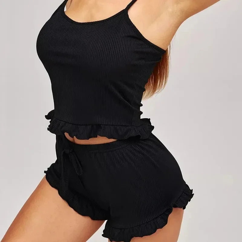 Summer Women's Pajamas Set 2 Suspenders Pajamas Homewear Soft Pajamas Solid Color Sexy Shorts Women's Ventilate Casual Sleepwear