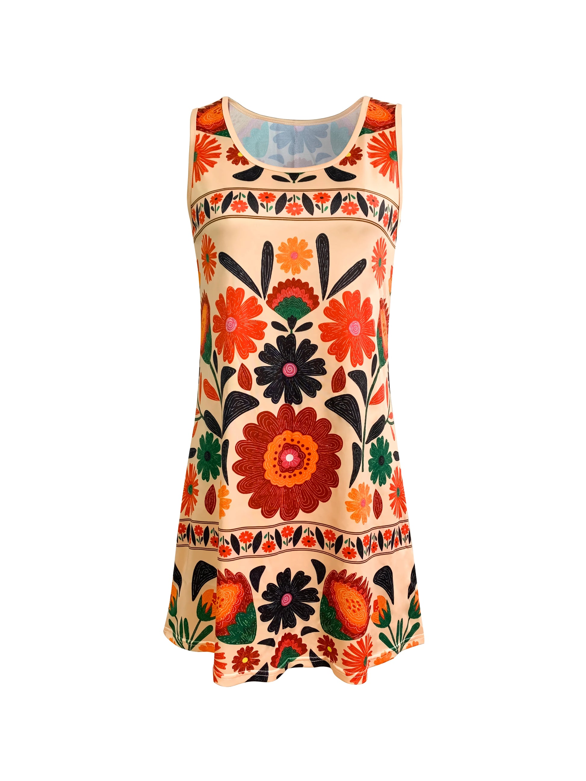 Women’s Sleeveless Boho Floral Dress, Colorful Flower Print Mini Dress, Casual Summer Beach & Festival Outfit