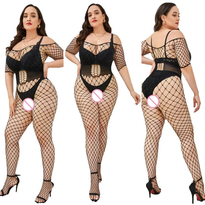 2024 New Plus Size Bodystocking Bodysuits For Women Sexy Fishnet Lingerie Babydoll Dress Porno Underwear Mesh Stockings For Sex Black Bodystocking 1 One Size