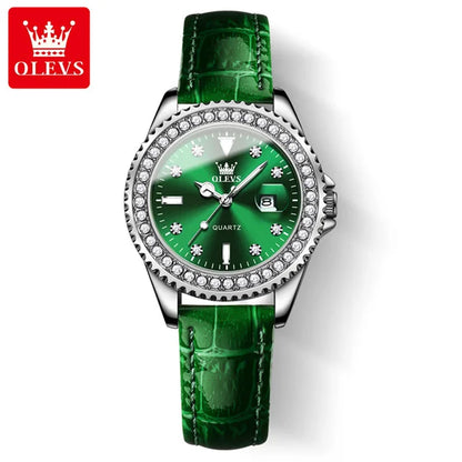 OLEVS Original Diamond Dial Quartz Watch for Women Fashion Elegant Ladies Watches Stainless Steel Waterproof Women's Wristwatch Silver Green-GDBLV