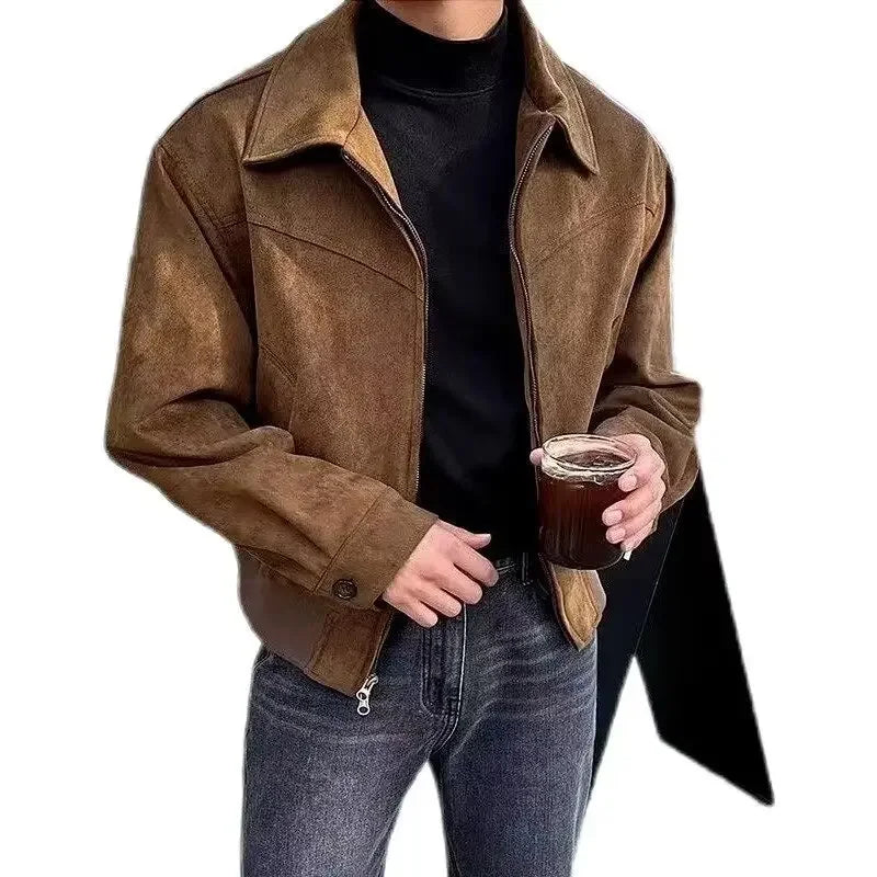 Versatile Vintage American Style Chamois Leather Jacket For Men Brown Coffee Maillard Matching Cropped Lapel Autumn Winter Seaso