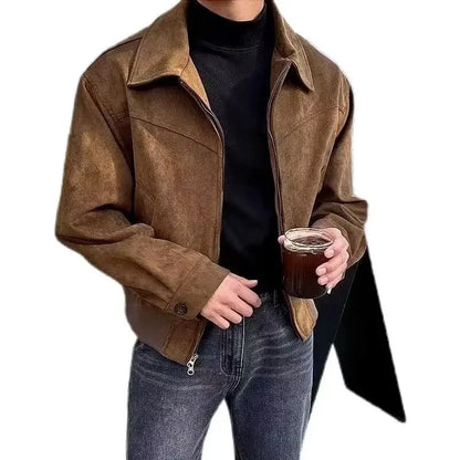Versatile Vintage American Style Chamois Leather Jacket For Men Brown Coffee Maillard Matching Cropped Lapel Autumn Winter Seaso