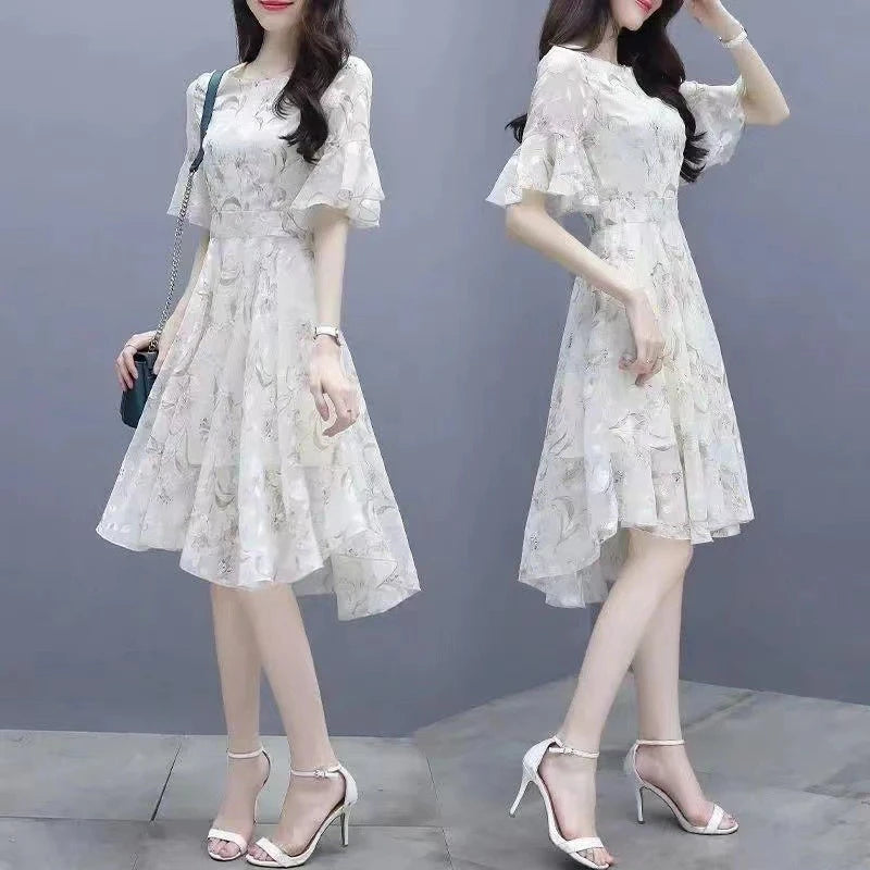 Ele Summer Women's Midi Dr ang Hai Sle Sweet Princ round Ne ort Sve A-Line Skirt Printed Chiffon Dr