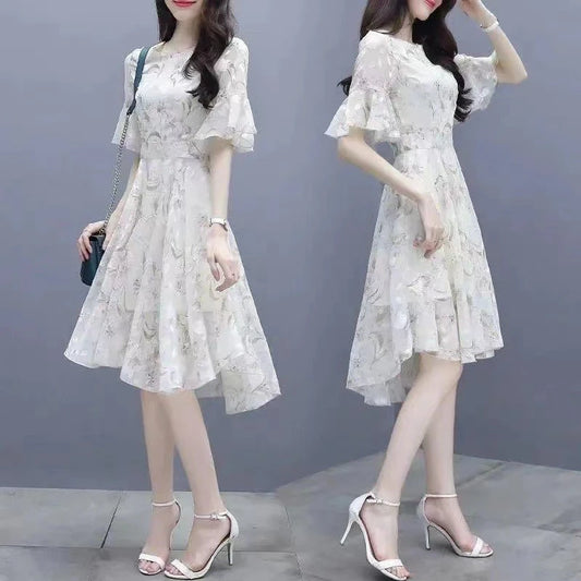 Ele Summer Women's Midi Dr ang Hai Sle Sweet Princ round Ne ort Sve A-Line Skirt Printed Chiffon Dr