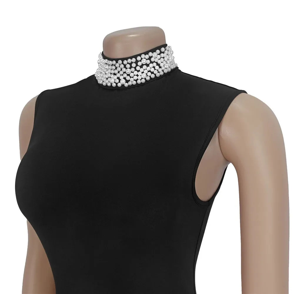 RLMABABY Elegant Splice Ruched Women Black Gown Long Bodycon Dress Pearl Stand Collar Sleeveless Club Party Sheath Maxi Dress