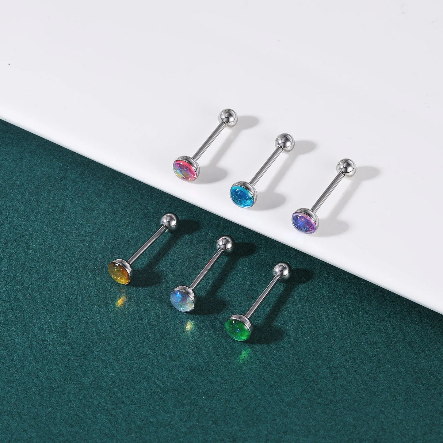 ZS 1Piece 14G Oil Luminescence Tongue Piercing Rings Stainless Steel Tongue Stud Skull Star Studs Earrings BCR Piercings Jewelry Badiee Stylez