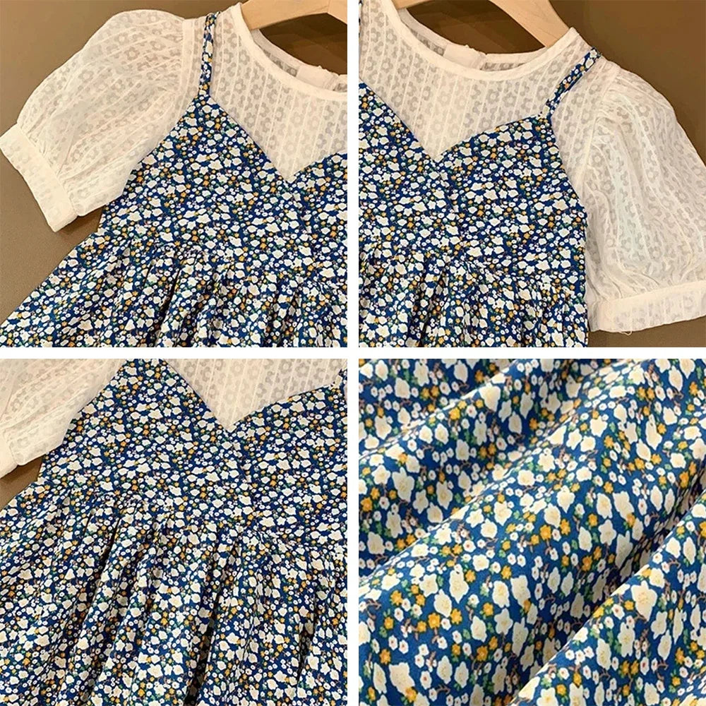 Bear Leader Girls Floral Dresses 2023 Summer New Children's Rustic French Chiffon Floral Fake Two Pieces Halter Dress