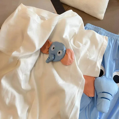 Cartoon 3D Ears Elephant Trunk Pajamas Nose Loose Short Sleeve Sleepwear Funny Couple Pajamas Suit Gifts