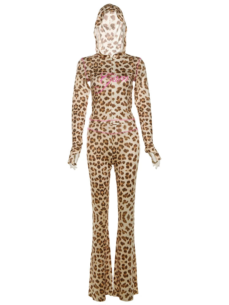 Nibber Leopard Print 2 Piece Set Women's Autumn Tracksuit Athleisure Hooded Crop Jacket + Flared Pants Stretch Matching Suit