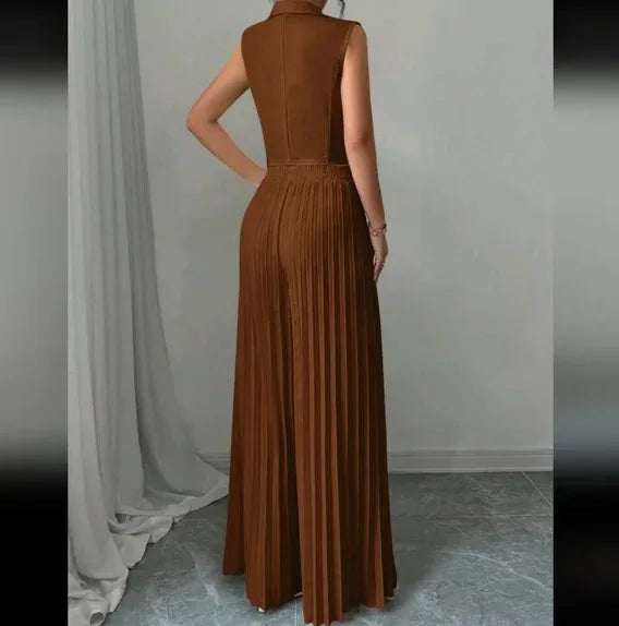 Women Fashion Solid Office Suit Casual Slim Button Two Piece Set Elegant Turn Down Collar Sleeveless Blazer&Pleat Pants Outfits