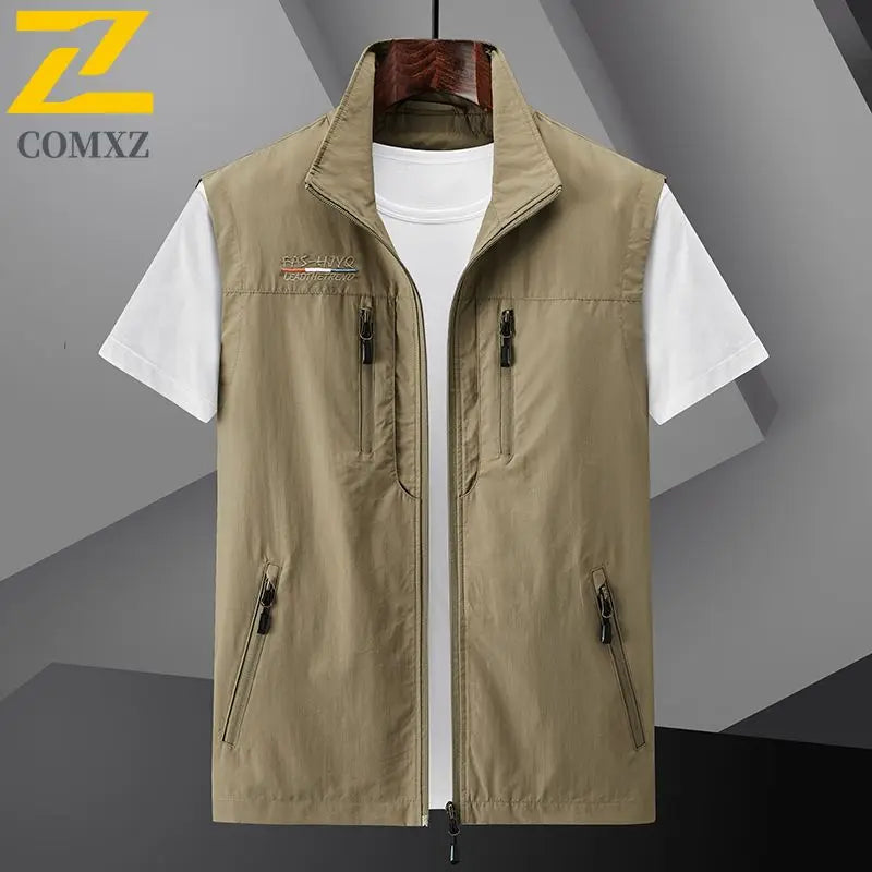 Men's Summer vest 2024 Thin Style Multi Pocket Waterproof Durable Large Size Casual Outdoor Travel Vest Men's Sleeveless Jacket Khaki