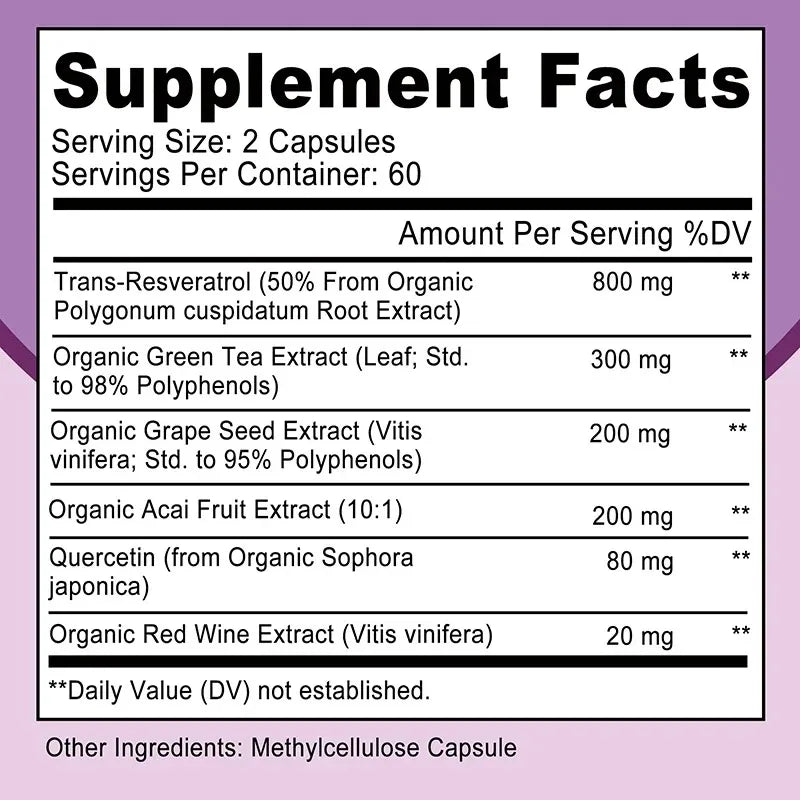 Resveratrol Capsules - Antioxidant Supplement for Heart and Cell Health, Supports Healthy Skin and Immune System
