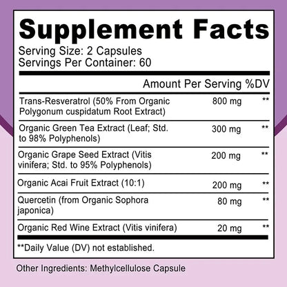 Resveratrol Capsules - Antioxidant Supplement for Heart and Cell Health, Supports Healthy Skin and Immune System