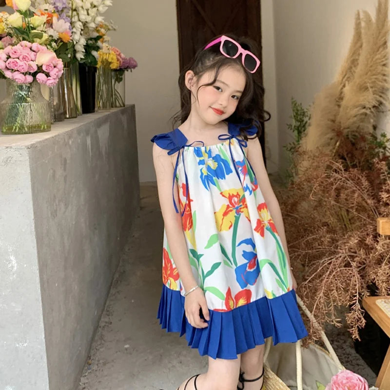 Girl Suspender Fluffy Dress Korean Style Summer Kids Flowers Printing Beach Princess Skirt Girls Breathable Knee-Length Dress
