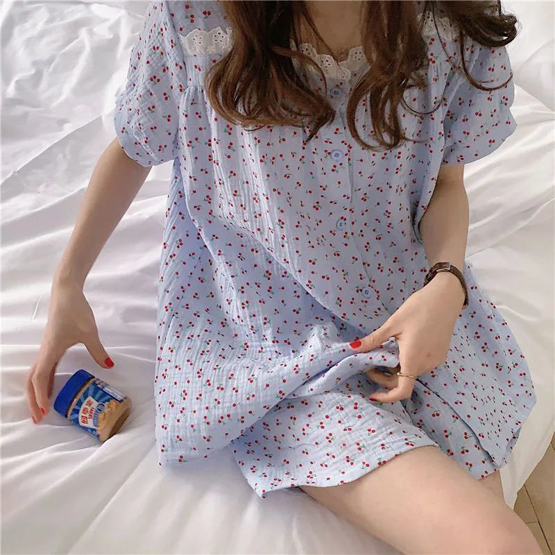 Cherry Sleepwear Pajamas Women Summer Short Sleeve Shorts Sweet Small Lace Japan Fashion Ins Student Korean Homewear Set