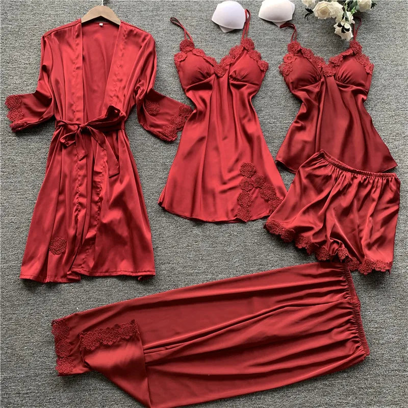 Pajamas Five Piece Set Sexy Lace Trim Nightgown Nightwear Spring Summer Women Bath Robe Loose Silk Satin Home Wear Pijamas Suit Burgundy 5PCS A