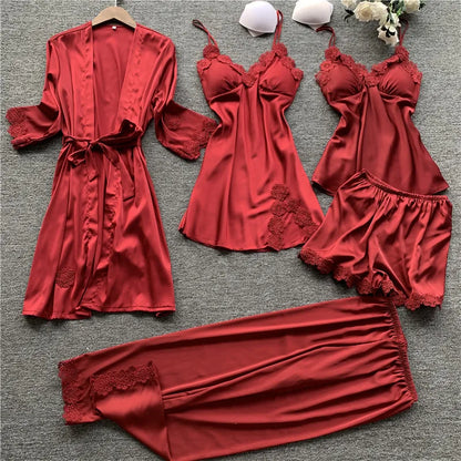 Pajamas Five Piece Set Sexy Lace Trim Nightgown Nightwear Spring Summer Women Bath Robe Loose Silk Satin Home Wear Pijamas Suit Burgundy 5PCS A