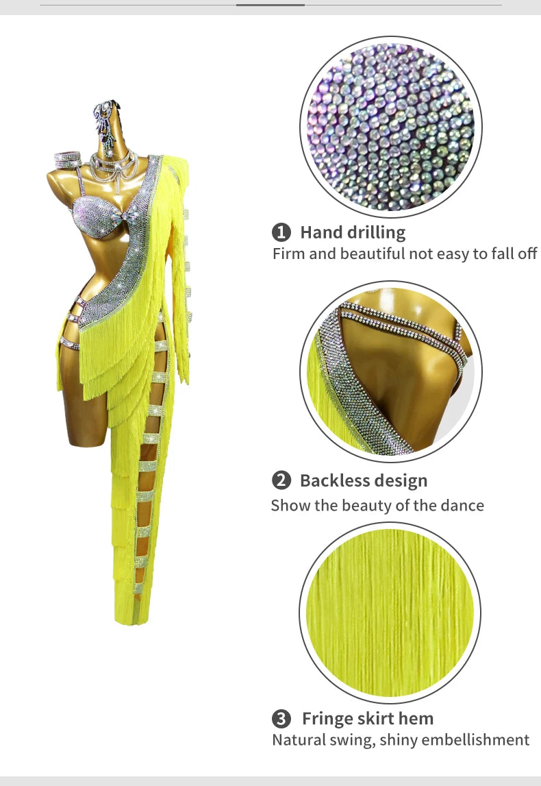 Womens Latin Dance Dress Midi Stage Clothes Elegant Prom Line Tassel Costume Girl Sport Suit Samba Party Practice Wear Customize Badiee Stylez