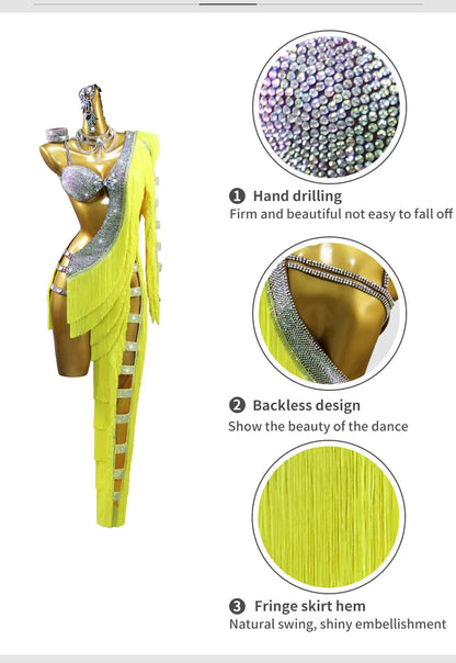 Womens Latin Dance Dress Midi Stage Clothes Elegant Prom Line Tassel Costume Girl Sport Suit Samba Party Practice Wear Customize Badiee Stylez