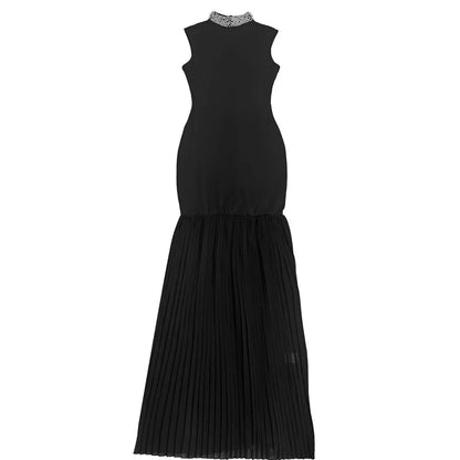 RLMABABY Elegant Splice Ruched Women Black Gown Long Bodycon Dress Pearl Stand Collar Sleeveless Club Party Sheath Maxi Dress