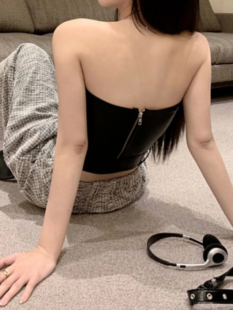 Crop Tops Sexy PU Y2k Tanks Women Clothing Fashion Summer Camis 2025 Ropa Mujer Slim Waist Irregular Backless Harajuku Vest