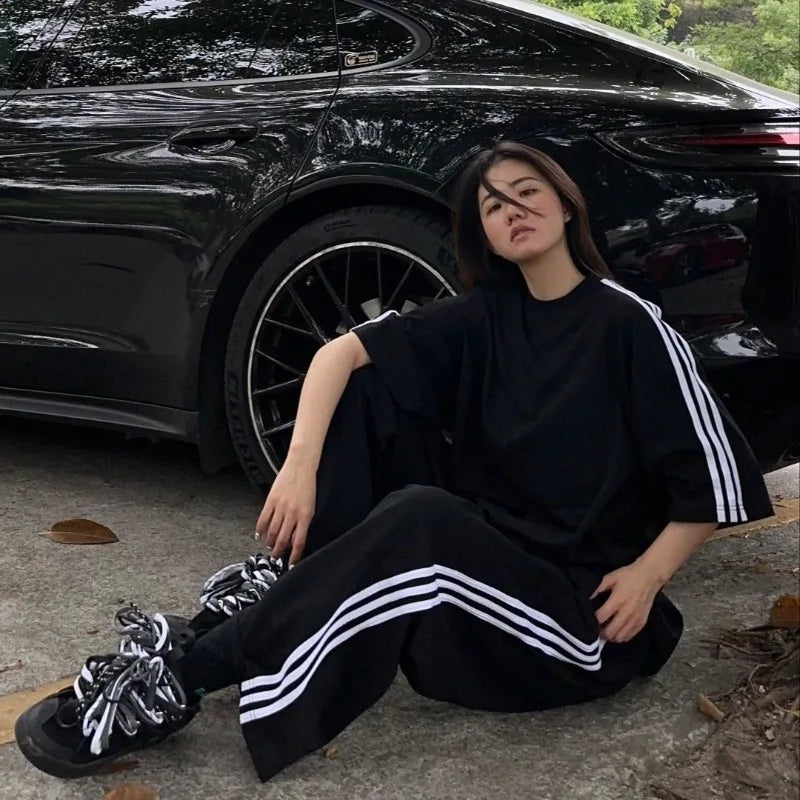 American Street-bombing Leisure Sportswear Suit Female Summer Student Loose Versatile Short-sleeved Trousers Two-piece Suit Tide