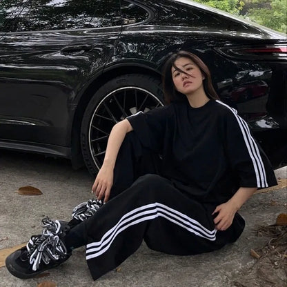 American Street-bombing Leisure Sportswear Suit Female Summer Student Loose Versatile Short-sleeved Trousers Two-piece Suit Tide