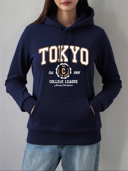 Tokyo College League Prints Hoodie Women Winter Fleece Warm Pullover Basics Pocket Sweatshirt Casual Comfortable Womans Clothes